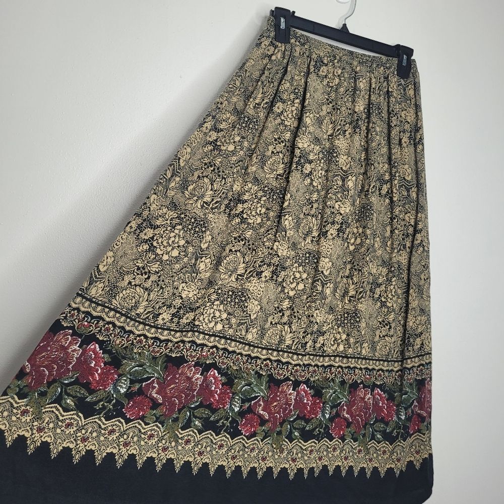 vintage 90s dark Romantic pull on elastic waist floral maxi midi skirt size med - Picture 2 of 7